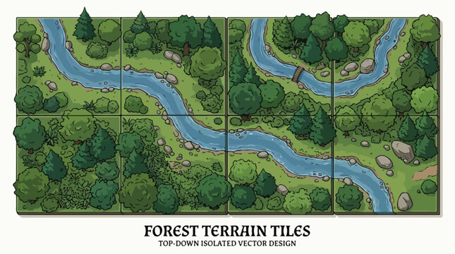 Forest terrain tiles for tabletop gaming, top-down isolated vector design of modular woods and river map, green wilderness landscape set