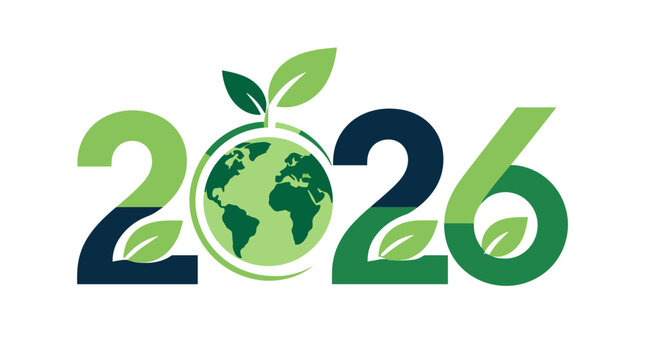 Stylized 2026 emblem with globe and leaves.