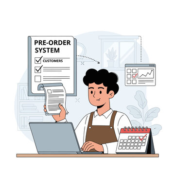 Young Man Working on Laptop and Reviewing Pre-Order System.
