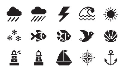 Maritime pixel art icon collection featuring coastal landmarks sailing vessels and sealife. © MD.RAHIM