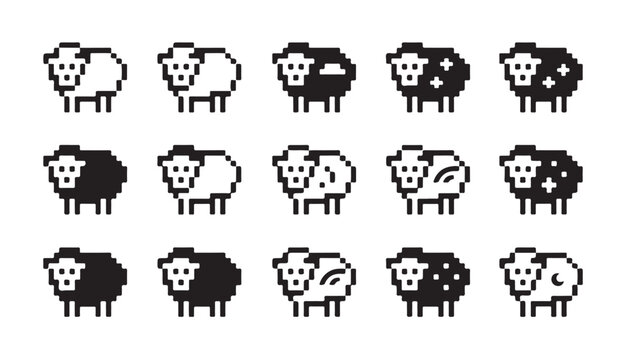 Assorted black sheep pixel art characters collection with various weather conditions on them.