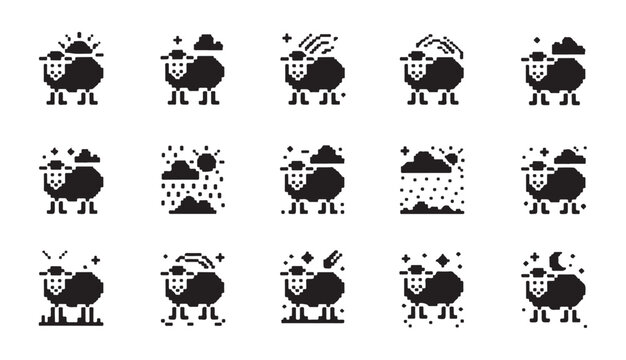 Pixel art sheep characters with various weather symbols illustrating diverse climate themes.