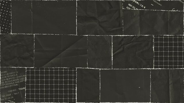 Abstract collage of various dark paper textures with ripped edges moving smoothly in a repeating seamless video loop animation