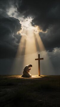 Man kneeling in prayer under dramatic sky with sun rays