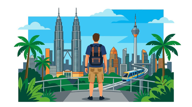Traveler with Backpack Gazing at Kuala Lumpur Cityscape Featuring Petronas Towers and KL Tower