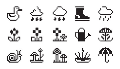 Pixel art spring weather and gardening icon set with duck rain cloud boots flowers and snail. © MD.RAHIM