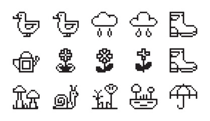 Minimalist pixel art gardening and rainy weather icon collection with plant life and tools. © MD.RAHIM
