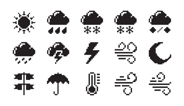 Set of pixel art weather icons, forecast widget elements with sun, cloud, rain, snow, wind.