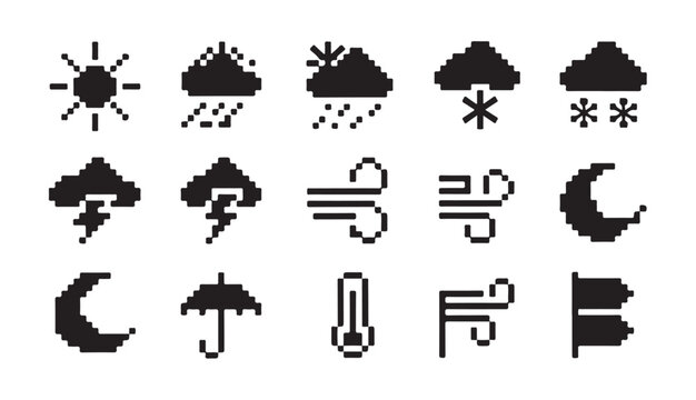 Pixelated weather and celestial icon set with solar moon storm wind and temperature symbols.
