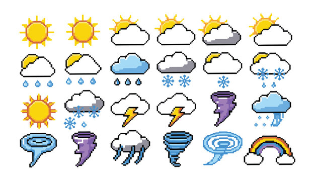 Colorful pixel art weather icons set, forecast widgets with sun, clouds, rain, snow, storm.