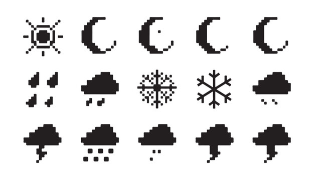 Set of pixel art weather icons, forecast widget elements with sun, moon, rain, snow, lightning.