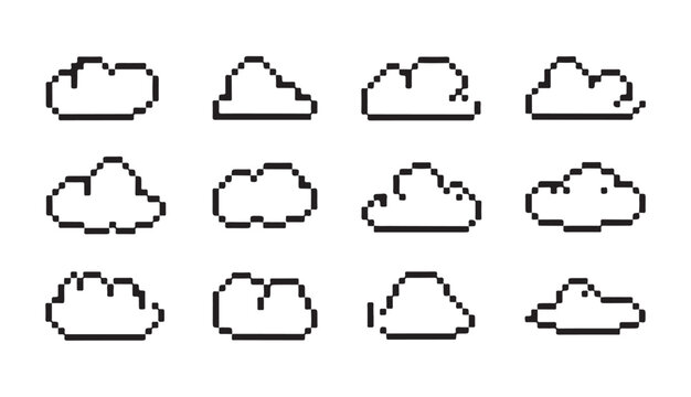 Set of pixel art clouds, various shapes and styles of pixelated cloud outlines for graphic design.