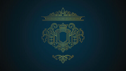 Fototapeta premium Luxury Heraldic Crest Ornament Vector with Golden Royal Shield Line Art