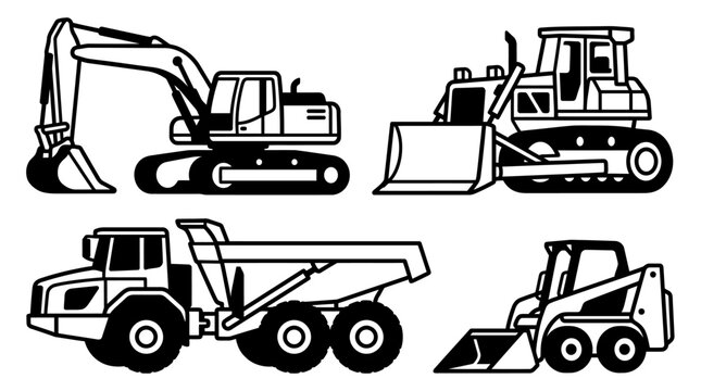 Solid Black Icons Set of Heavy Construction Machinery isolated white background