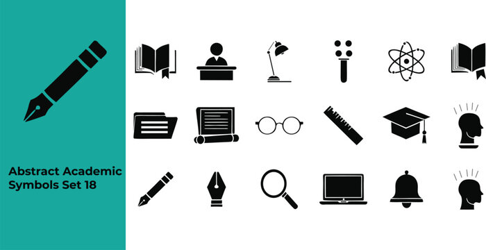 Abstract academic symbols set 18 featuring flat vector illustrations of school supplies education tools learning materials and university icons for study.