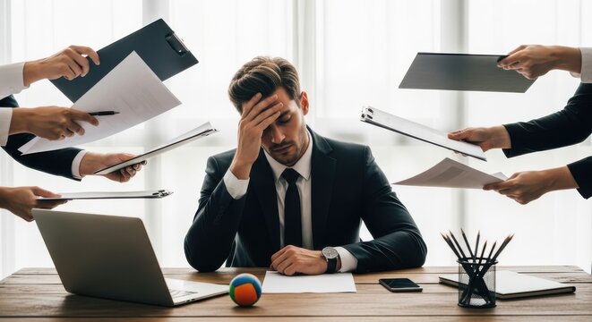 Overwhelmed Businessman Feeling Stressed and Exhausted with Heavy Workload and Multiple Deadlines in Modern Office