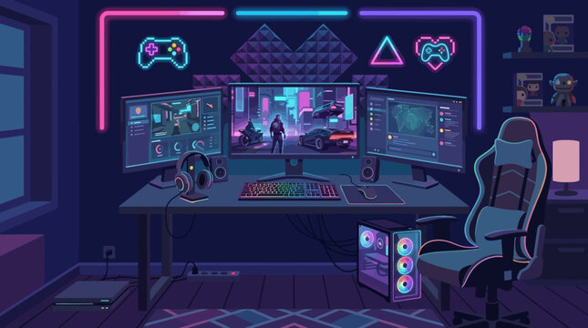 Modern Gaming Setup with Multiple Monitors and Neon Lights.