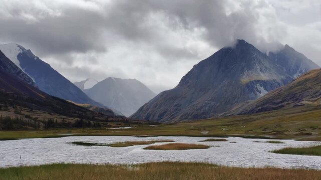 Slow motion video of Altai Lake Akkul. View towards the Sofiysky Glacier on the South Chuya Ridge.