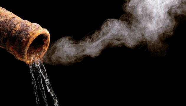 A rusty pipe emitting steam and water against a black background