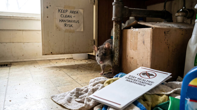 Roden in a dirty utility space, underscoring hanta virus outbreak zoonotic risk; ideal for news advertising with ample copy space.