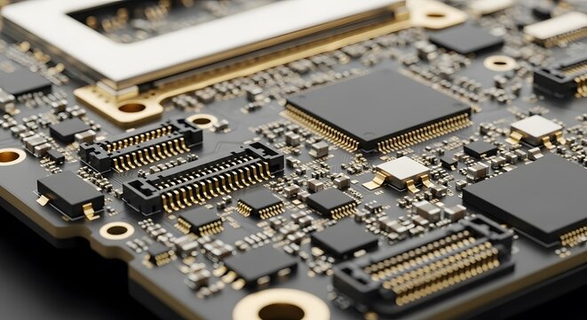 Close-up shot of a computer circuit board with various components and gold connectors on a dark background