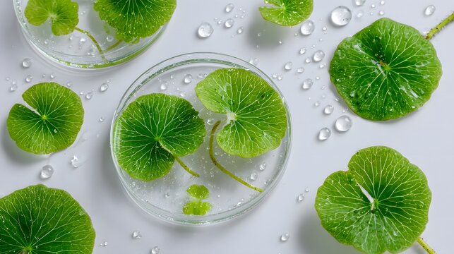 Centella asiatica leaves with rain drop isolated on white background top view.