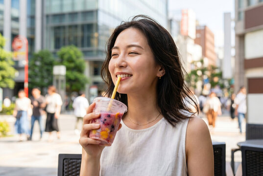 夏に屋外で冷たいドリンクを飲む女性 Generative AI