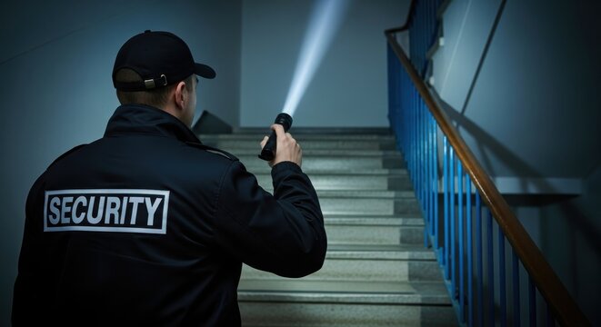 Professional Security Guard Patrolling Dark Building Stairwell with Flashlight at Night
