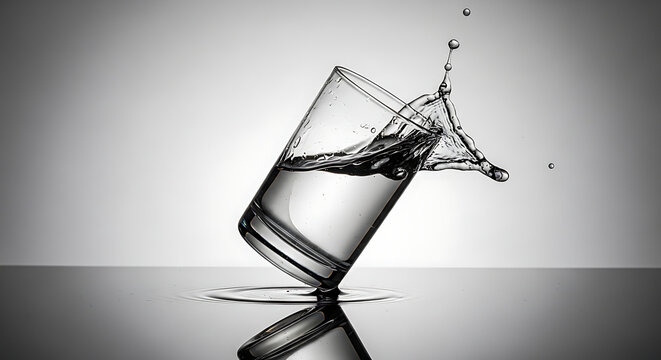 A glass of water tilting and splashing with drops frozen in motion on a reflective surface against a plain background.