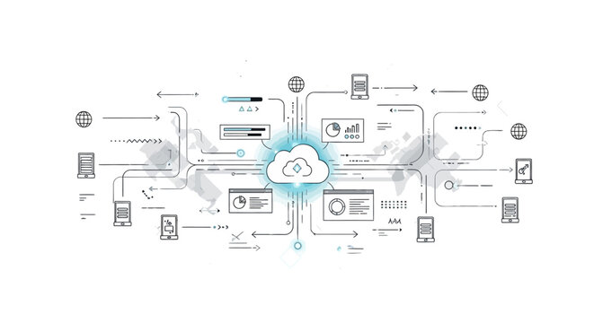 A detailed diagram illustrating a cloud computing network with various connected devices and icons on a white background with a focus on technology.