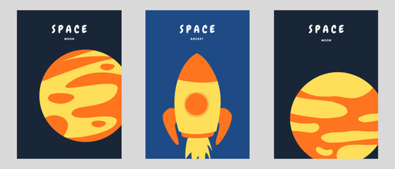 Minimal Space Posters Set with Rocket and Planet Flat Illustration © Ahmd