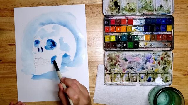 Watercolor Skull Painting Timelapse Cool Tones Side View Overhead Artist Workspace