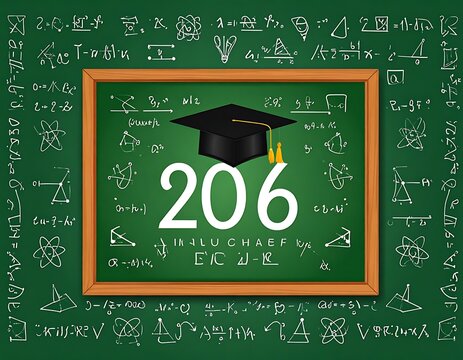 A green chalkboard with a graduation cap and the number 206