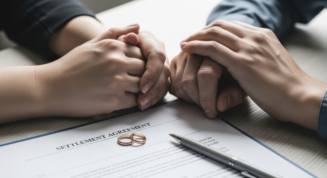 Close-up of Couple Hands Signing Settlement Agreement with Wedding Rings for Divorce and Separation