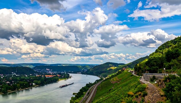Scenic river landscape with green hills.