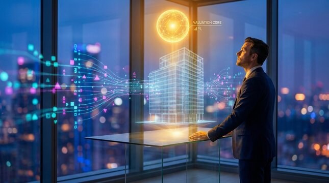 PropTech AI Valuation: Real Estate Investor Analyzing Glowing Holographic Property and Real-Time Market Data