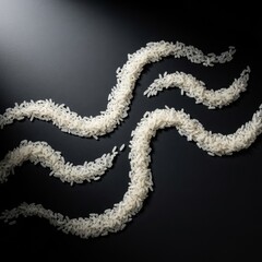 Fototapeta premium Minimalist composition featuring white uncooked rice grains meticulously arranged in elegant flowing lines and abstract curves on a dark surface, dry, graphic, cooking