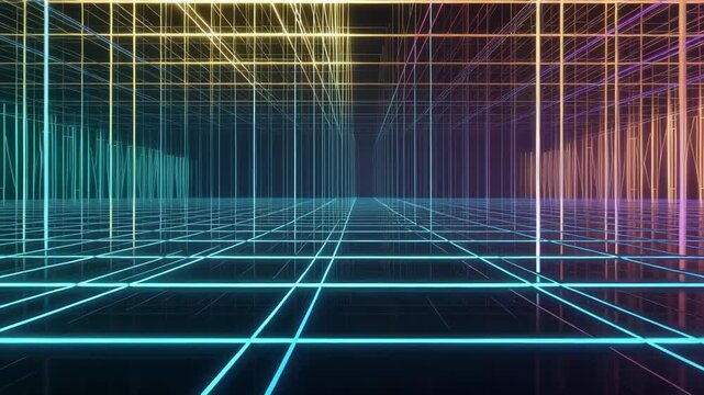 Neon grid tunnel glowing lines futuristic perspective with glowing wireframe lines and multicolor