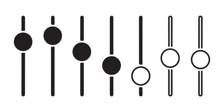 Set of vertical fader control icons with circles, sound mixer, volume, adjust, graphic.