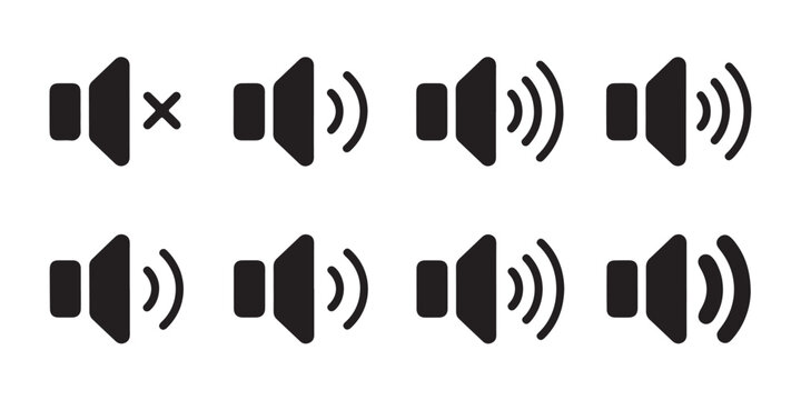 Set of speaker icons with different volume levels and mute, sound waves, audio control.