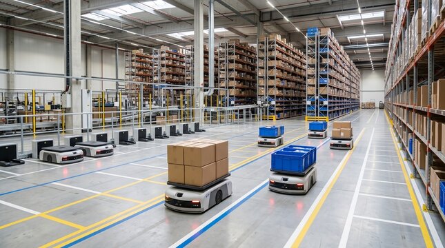 Automated warehouse robots transporting boxes.