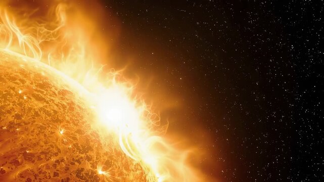 Solar surface with bright solar flare and glowing plasma loop against starry space astronomy