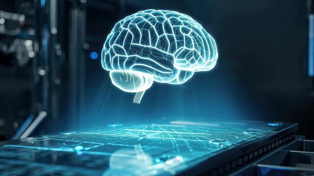 Holographic brain hologram projection floating above futuristic touchscreen circuit platform neon