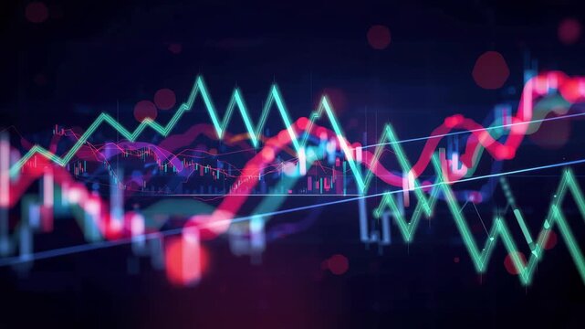 Neon stock market chart with colorful financial chart graph and glowing candlestick trend lines