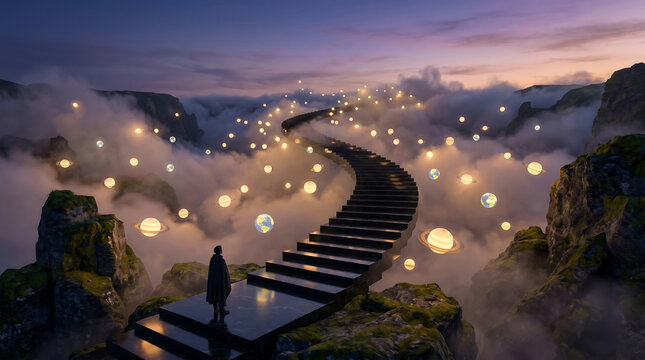 A cosmic staircase through clouds and planets, a compelling Surrealism background for advertising and news.