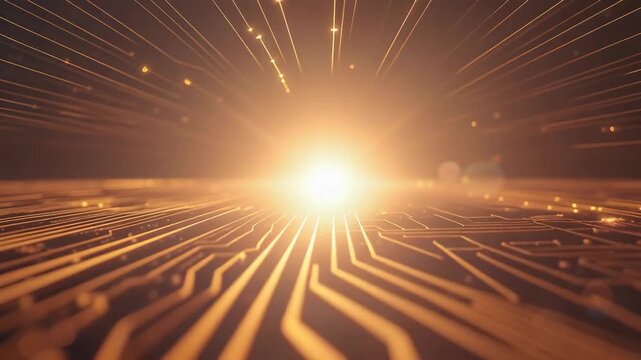 Glowing circuit board pattern and lines converge toward bright light, futuristic energy motion