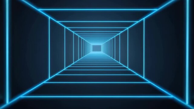 Neon tunnel glowing blue perspective geometric corridor with reflective floor evoking futuristic