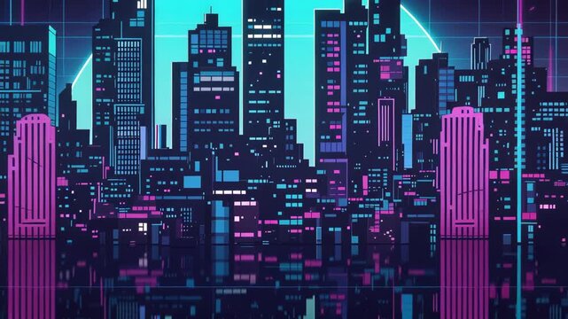 Neon retrofuturistic city skyline night glowing grid reflection glossy water with vibrant horizon