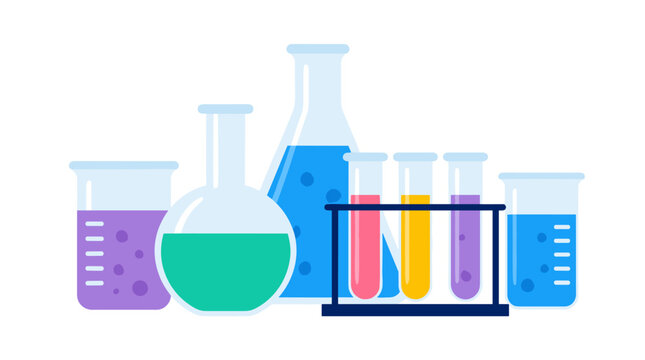 Colorful Laboratory Glassware With Test Tubes And Flasks.