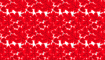 Seamless repeating pattern of vibrant red maple leaves on a clean white background, creating a striking natural design. © Merah